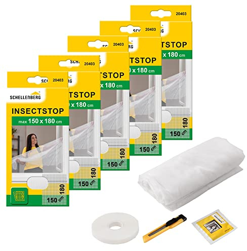 Schellenberg 5er Spar-Pack 20403 Fliegengitter für Fenster, Insektenschutz ohne Bohren, zuverlässiger Schutz gegen Mücken, Fliegen, Insekten & Ungeziefer, inkl. Befestigungsband, 150 x 180 cm, weiß