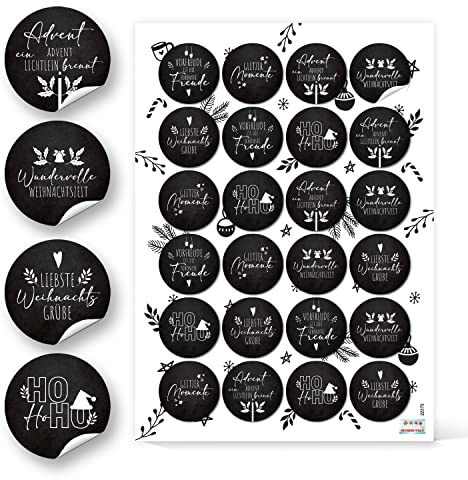 Logbuch-Verlag 24 Weihnachtsaufkleber Ø4 cm schwarz-weiß – Premium Sticker für Geschenke & Verpackung, moderne Weihnachtsgrüße, Made in Germany