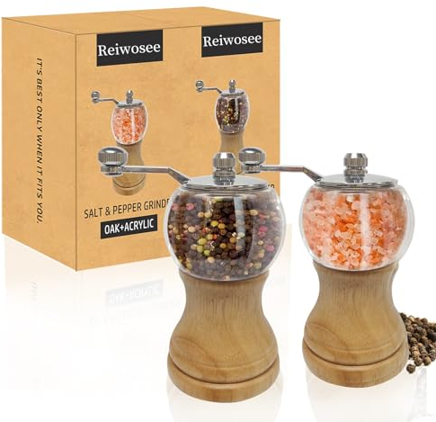 Reiwosee Molinos De Pimienta, Molinillo De Sal Y Pimienta, Madera Maciza Con Molinillo De Cerámica Ajustable Fuerte, 2PCS Clásico Conjunto De Molinos De Pimienta Y Sal a Mano, Material Ep Acrílico