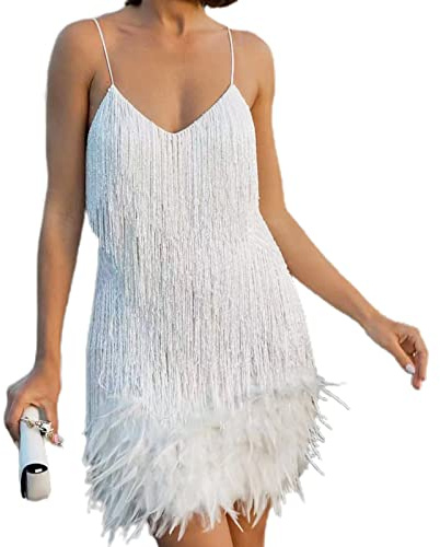 VALINK Vestidos de fiesta con borlas de lentejuelas para mujer, llamativos, elásticos, para noche, cóctel, fiesta, sexy, borla de lentejuelas, correa de hombro, color blanco