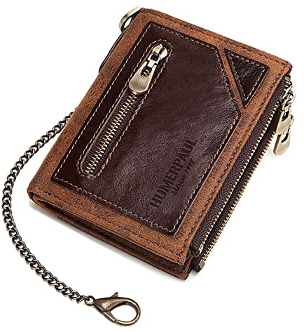 Herren Anti-Diebstahl Kette Geldbörse Vintage Echtes Leder Handgefertigt Minimalistisch RFID Blockierend Extra Kapazität Druckknopf Münzfach mit Doppelreißverschluss und Ausweisfenster,Coffee