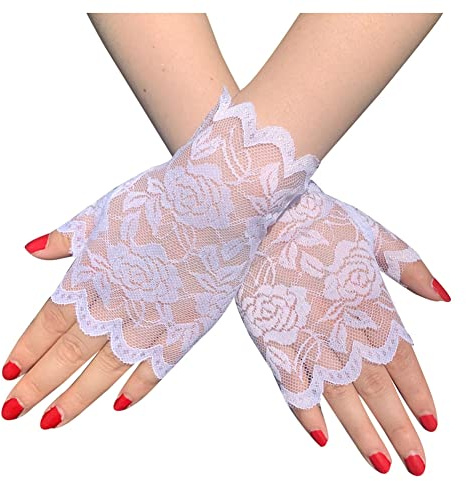 SHTGOI 1 Paar Damen Spitzenhandschuhe Kurze Braut Fingerlose Blumenspitze Handschuhe Sonnenschutzhandschuhe Hochzeit Spitzen Handschuhe für Teeparty Beerdigung Hochzeitsfeier Kostümzubehör Weiss