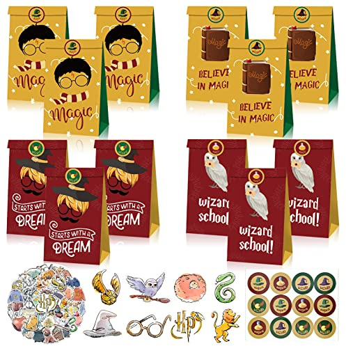 12 Stück Papiertüten Geschenktüten Magic Wizard+12 Rundaufkleber+50 Anime Sticker,Wizard Party Geschenktüten,Candy Tüten,Partytüten zum Befüllen,Kindergeburtstag Geschenktaschen