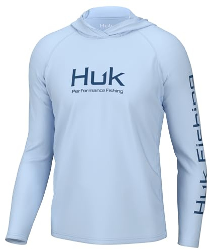 HUK Mens Pursuit Vented Long Sleeve Hoodie, Fishing Shirt with Hood, Ice Water, Large