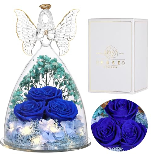 Eaprala DREI Konservierte Rosen Geschenk in Glas Engelsfiguren, Geburtstagsgeschenke für Frauen, Engel Geschenke für Sie auf Jahrestag,Weihnachten,Valentinstag.DunkelBlau