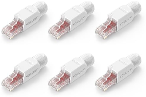 VCELINK Cat6A RJ45 Stecker Werkzeuglos, 10 Gbit/s 500 MHz | Vergoldeter Netzwerkstecker Wiederverwendbar, Kompatibel mit Router, Switch, Glasfaser-Modem und PC, Weiß, 6 Stück