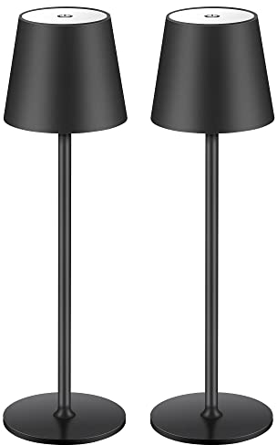 2 lámparas LED de mesa con batería regulable, inalámbrica, recargable, luz cálida, 3000 K, para interior y exterior, con USB-C, aluminio, IP54, resistente al agua, color negro [clase energética A]…