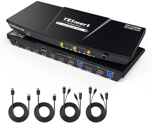 TESmart USB 3.0 HDMI DisplayPort KVM Switch 2 PC 2 Monitor, 4K60Hz Commutateurs KVM Dual moniteur avec émulateur EDID, audio L/R,Hotkey Switching, HDCP 2.2 avec 4* PC Câbles