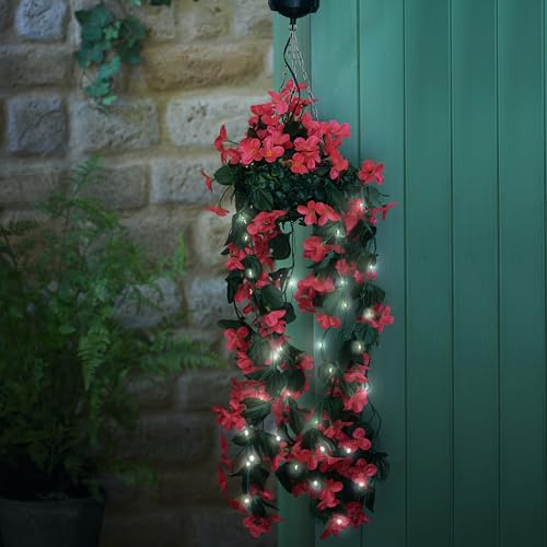 Tumbling Faux Flower Solar Powered Hanging Decoration - Outdoor Garden Realistic Artificial Pink & Green Floral Display with 30 Bright Interlaced LED Lights – Measures H72 x 17cm Diameter