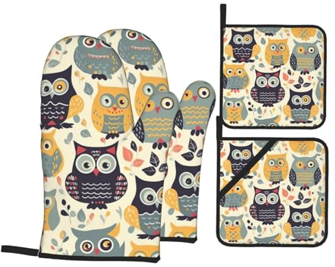 Topflappen Und Topflappen Set Von 4 Niedlicher Tier Cartoon Eulen Druck Grillhandschuhe Doppelschicht Wasserfeste Topfhandschuhe, Für Cafe, BBQ
