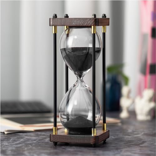 ELAINESTORE Sanduhr Timer 60 Minuten, Metall Holzrahmen Dekorative Sanduhr (Schwarzer Sand, Große Größe)