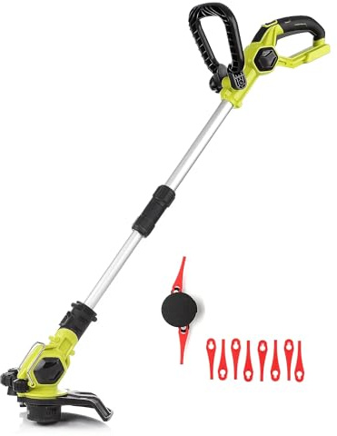 Green Tools Akku Rasentrimmer 18V - schwenkbarer Motorkopf und Handgriff- Teleskopierbar - mit Faden-Spule und Kunststoff-Messern (Mit: 2Ah Akku und Ladegerät)