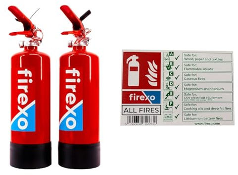 Firexo All in One Fire Extinguisher (2 Litre / 2 kg) - Multipurpose Extinguisher for ALL FIRES inc. & Fire Extinguisher Sign - White Fire Signs for Offices, Business & Buildings - Informative Boa
