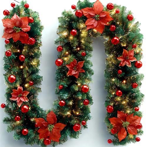 Ghirlanda Natalizia,9 FT/2.7M Ghirlanda Decorata per Porta Scale Camino Esterno Decorazioni,Festone Natalizio Rami Natalizi Decorazioni Natalizie per la Casa Interno, (Red)