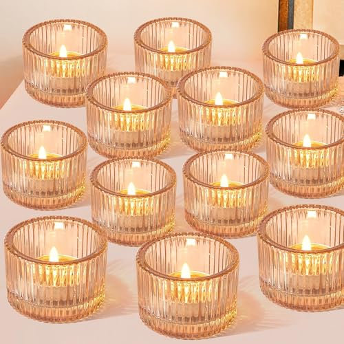 HOVIBU Teelichthalter 12er Set, Teelichtgläser Vintage 5 cm x 3,8 cm, Klare Klein Teelicht aus Glas für Windlicht Tischdeko, Jahrestag Party Dekoration, Hochzeit, Geburtstagsfeier, Weihnachten