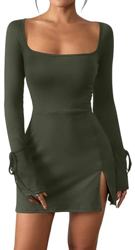 Haibang Damklänning elegant långärmad sexig miniklänning aftonklänning kort fyrkantig hals ledig bodycon klänning bodycon klänning nattklubbskläder kväll cocktail party klänning höst vinter, Grå grön,