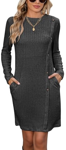 Famulily Jumper Dress for 2025 Women UK Tunic Dress Ladies Long Sleeve Dress with Pockets Side Buttons Dress for Leggings Dark Grey XL