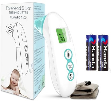 Thermomètre Infrarouge Sans Contact 4-en-1, Frontal et Auriculaire, Lecture 1 Seconde, Alarme Fièvre 3 Couleurs, 35 Mémoires, Pour Bébé Enfant Adulte, Biberon Bain Aliments, piles+sac inclus