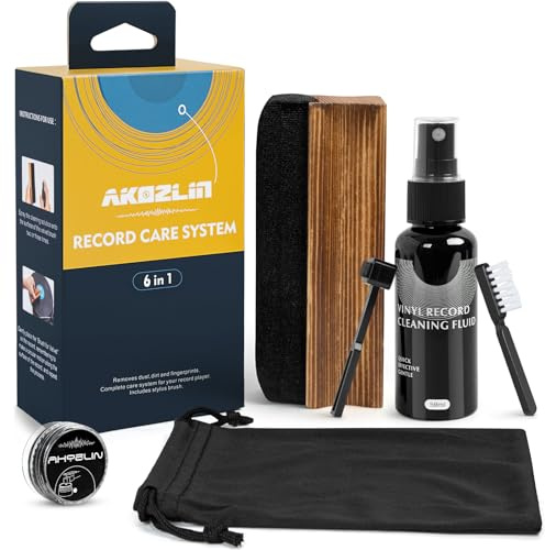 AKOZLIN Vinyl Record Cleaning Kit- 6-in-1 Premium Vinyl Record Cleaner Kit Record Cleaning Solution with Velvet Record Brush, Stylus Gel and Brush, Cleaning Fluid, Storage Pouch