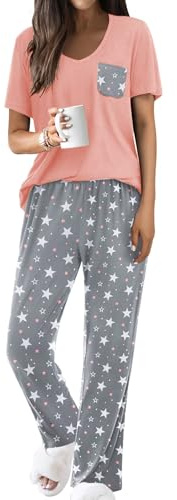 Famulily Ladies Pyjamas Set Floral Printing Short Sleeve Pj Set Sexy V Neck Loungewear Cozy Sleepwear Sets Pink XL