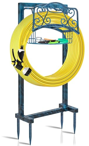 FaloStwer Gartenschlauchhalter freistehender Metall Wasserschlauch Ständer, Abnehmbarer Robuster Schlauchaufhänger mit Aufbewahrungskorb, Gartenschlauch Halterung für Hof Rasenplatz (Retro Blau)
