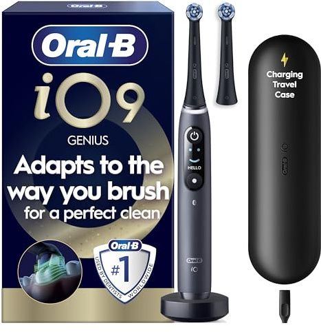 Oral-B iO 9 Electric Toothbrush, 2 Toothbrush Heads, 1 Fast Charging Travel Case, Oral B Special Edition Black, Designed by Braun