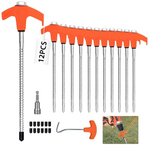12 Stück Zeltheringe, Drehbare Zeltheringe mit Gewinde, Felsboden-Erdnägel für Camping mit Nagelzieher & Adapter für Akkuschrauber, Robuste Stahl-Heringe für Camping und Outdoor