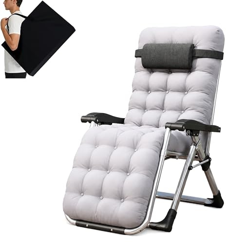 LSBIKE Zero Gravity Reclining Sun Lounger Chair with 10cm Thick Removable Cushion & Cup Holder & Bag Foldable Recliner Garden Chair for Camping, Patio, Beach 200kg Capacity, No Assembly Needed (Grey)