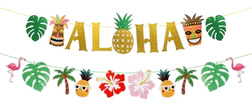 HUKUMA Hawaii Deko,Haw Party Banner Dekorationen,Beach Ananas Flamingo Deko,Karibik Aufblasbare Palme,Hawaii Girlande zum Sommerparty Poolparty,Goldene Glitzer Aloha Zeichen Flagge