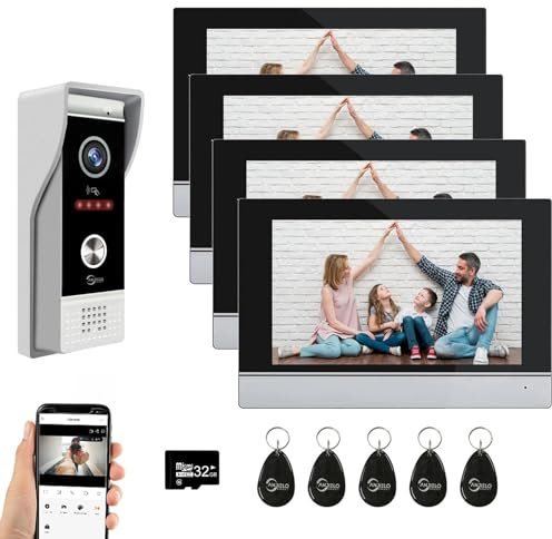 Sistema videocitofonico a 4 fili Tuya WiFi 7 pollici Touch Screen 1080P Kit citofono intelligente Tuya APP con rilevamento del movimento, allarme anti-tamper, 32G (1 Campanello + 4 Monitor)