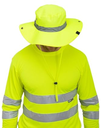 Mivaro Warnschutz Safari Hut Unisex mit Reflexstreifen und verstellbarem Schirm - Sicherheits Hut für Arbeit Outdoor Jagd BAU Forst Straßenbau - Sonnenschutz Kappe mit Kinnband One Size Polyester