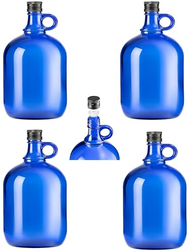 lilawelt24 2L Flasche mit rundem Griff + Aussgießer Essig-ÖlFlasche Met- Honigflasche Weinballon Glasballon Likörflasche Schnapsflasche Leere Glasflasche Wasserflasche Ölspender (4x 2L blaue Flasche)
