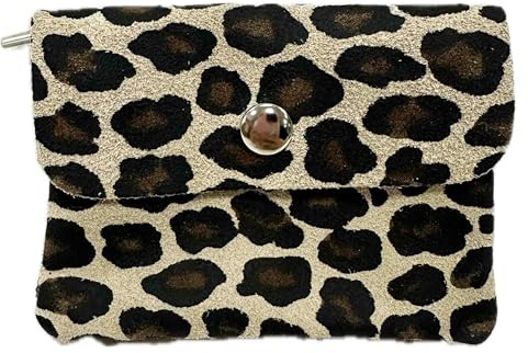 Jeamis Rauhleder mini Geldbörse Leopard Veloursleder Portemonnaie Geldbeutel Wallet Leder Leo Made in Italy (Leo Khaki)