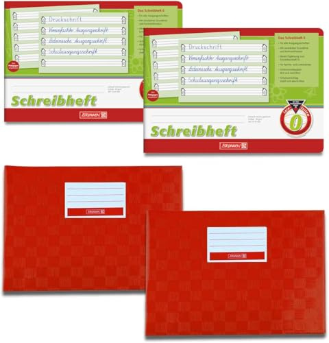 Brunnen Schreibheft Lineatur 0 A5 quer + Hefthüllen A5 quer Set mit 2 Heften und 2 Umschlägen (2 Schreibhefte + 2 rote Umschläge)