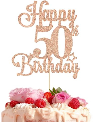HSC 50th Birthday Decorations, Happy 50th Birthday Cake Topper, 50 Cake Toppers, Rose Gold Glitter Design, Perfect for 50-Year-Old Women's Party & Dessert Decoration