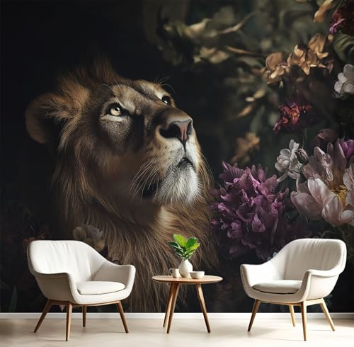 Carta da parati 350× 256cm Fotomurali in Murale Decorazione da Muro Leone Fiori, Fotomurali Non Tessuto Fauna Selvatica Fiori Camera da Letto, Ristrutturazione di Pareti Nero