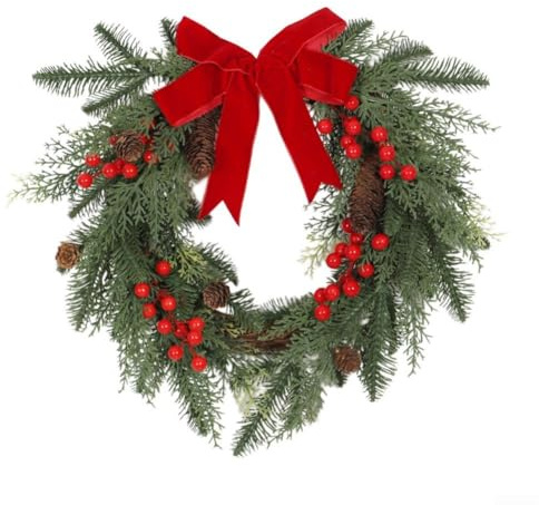 HpLive Corona de Adviento y Navidad con bayas rojas y cinta grande, resistente a la intemperie, para puertas interiores y exteriores, 45 x 40 cm (sin luz)