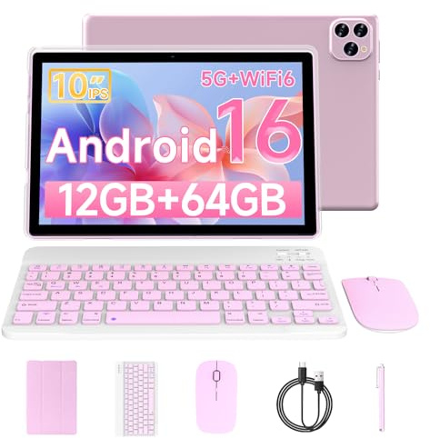 Vyrolinia Tablette Android 15 10 12 Go de RAM + 64 Go de ROM/ 2 To, écran tactile HD 1280 * 800, 5G WiFi6 BT 5.0, tablettes 2 en 1 avec étui clavier, souris, stylet rose