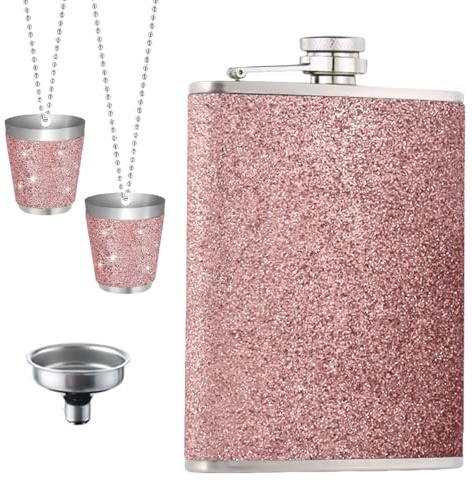 Fiaschetta in acciaio inox, fiaschetta rosa glitterata con imbuto e 2 piccole tazze, a prova di perdite, portatile Hip Flask, regalo rosa per donne, per viaggi, attività all'aperto, feste, campeggio