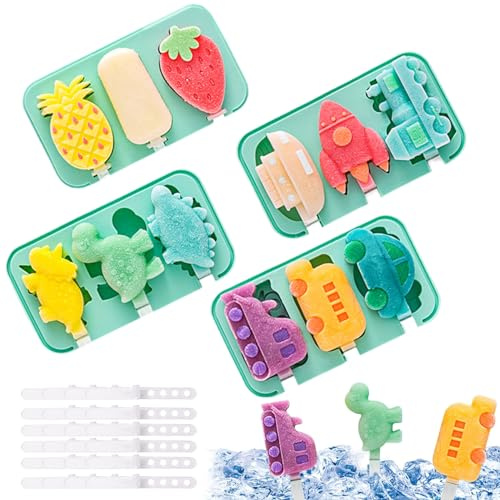 Moldes para paletas de silicona con 3 cavidades, 4 moldes para helado con forma de dinosaurio y coche sin BPA con 24 palos
