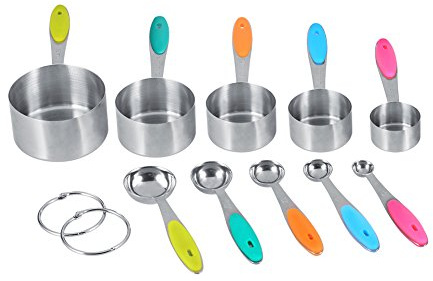 KIMISS Juego de Tazas y Cucharas Medidoras de Acero Inoxidable, 10 Piezas con Agarre de Silicona para Cocinar y Hornear, Herramienta de Medición Perfecta
