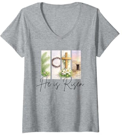 Mujer Él es Resucitado Cristiano Pascua Jesucristo Tumba Vacía Cruz Camiseta Cuello V