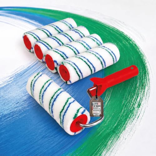 Mako Easytex 5x Malerwalzen-Set 18 cm, Farbroller mit Rollerbügel | Thermofusioniert, 9 mm Florhöhe, streifenfreies Finish für glatte und leicht strukturierte Wände, ergonomisch