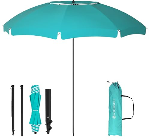 HOMEDEMO Parasol de voyage fonctionnel à franges 180 cm, adapté jardin, marché et terrasse, rond turquoise avec tige rotative et housse de protection, protection UV50+