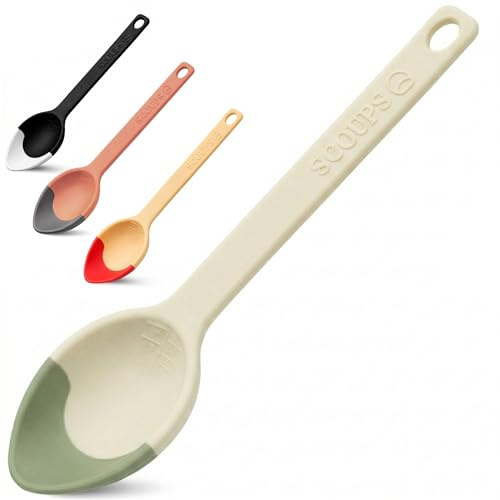 Silicone Serving Spoon with Soft Tip Edge – Scraper Spoon for Jars, Pots & Pans – 3-in-1 Scoop, Scrape & Serve – Nonstick Heat Resistant Cooking Spoon (Scoups) (Green/Grey)