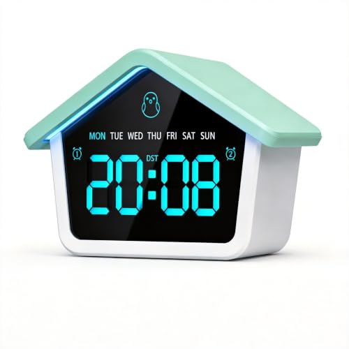 Digital Alarm Clock with Night Light for Kids, Cute House Design, 8 Colours | LED bedside clock with dual alarm and snooze for kids' bedrooms, rainbow night light, adjustable brightness and sleep mode