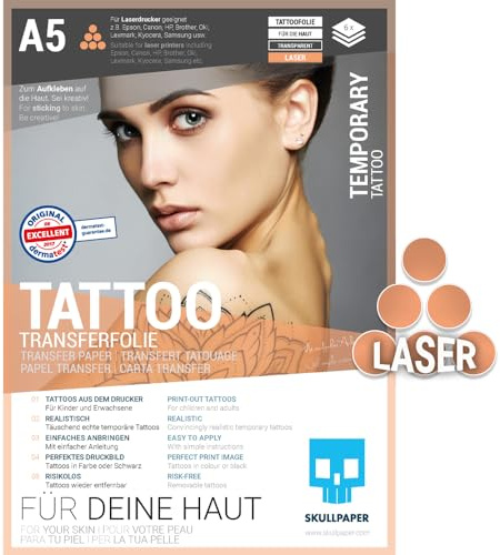 SKULLPAPER® temporäre Tattoo-Transferfolie FÜR DIE HAUT - SEHR GUT getestet - für Laserdrucker (A5-6 Blatt)