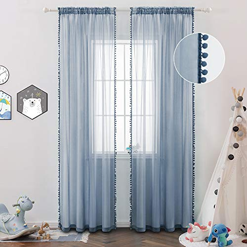 MIULEE Vorhänge mit Pompons-Niedlich Blau Gardinen 2-Set für Kinderzimmer, Transparent Gardinen mit Pompons für Wohnzimmer Jugendzimmer, Dekoschals Durchsichtig Vorhang mit Bommeln,2XH 225 X B 140cm