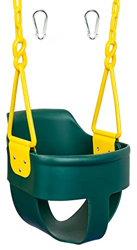 Premium High Back Full Bucket Toddler Swing Seat with Finger Grip, Plastic Coated Chains and Carabiners for Easy Install - Green - Squirrel Products