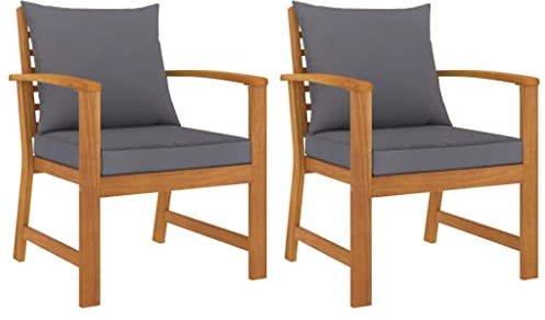 vidaXL 2X Akazienholz Massiv Gartenstuhl mit Dunkelgrauem Kissen Gartensessel Stuhl Stühle Sessel Gartenmöbel Holzstuhl Essstuhl Balkon Terrasse